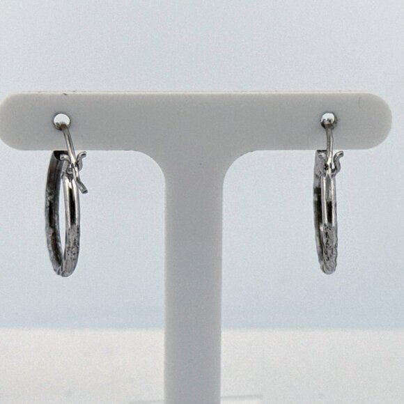Estate Sterling Silver 925 Textured Hoop Earrings 0.82” Classic Vintage - Picture 3 of 8